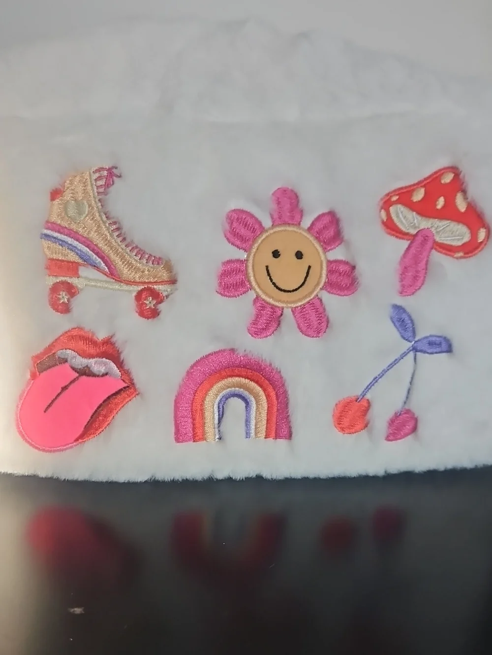 Addy Lu White Faux Fur with Pink and Multicolor Patches, NWOT